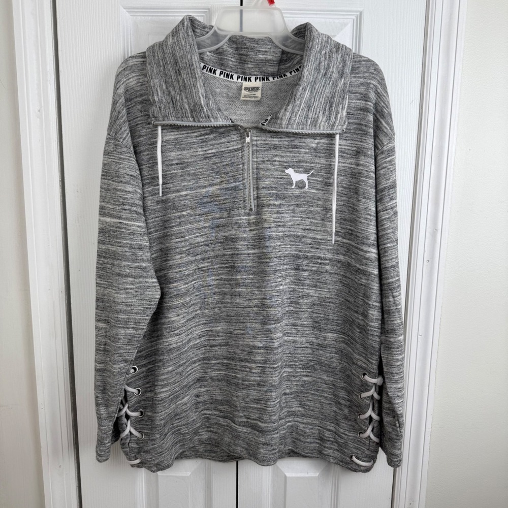 Victoria's Secret PINK Gray Half Zip Pullover Sweatshirt Lace Up Sides Sz M